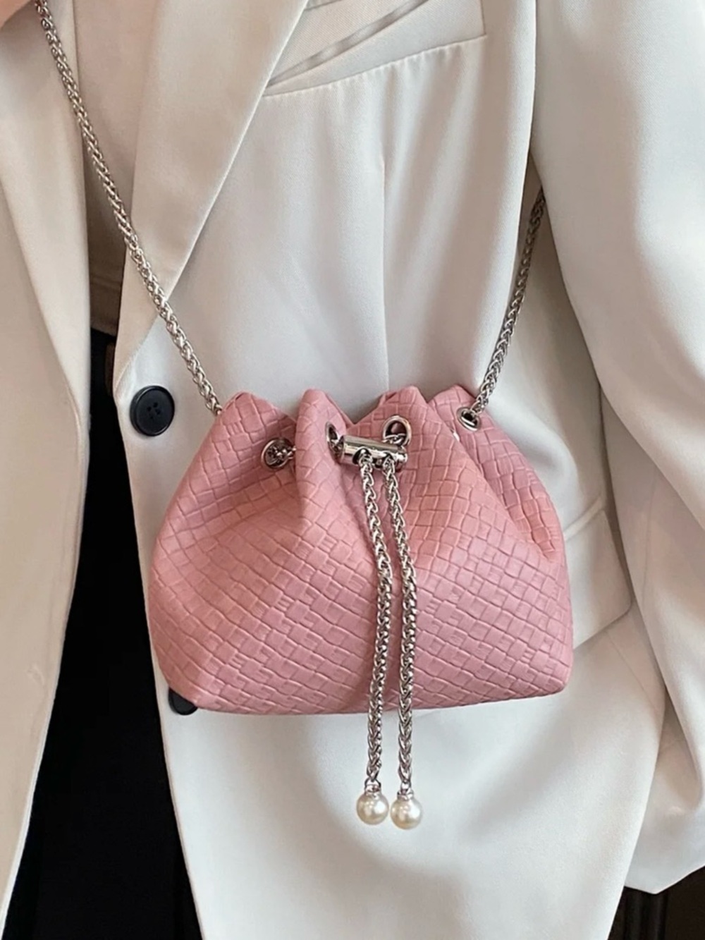 Woven Drawstring Bucket Bag with Silver Chain and Pearl Accents